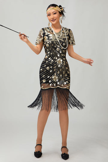 Black Golden Gatsby Sequin 1920s Dress With Fringes